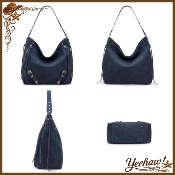 Large Faux Suede Hobo Bag with Fringe & Buckle Details, Shoulder Strap - Picture 5 of 7